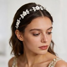 Pearl Crystal Bridal Hair Vine with Ribbon Ties, Pearl Flower Rhinestone