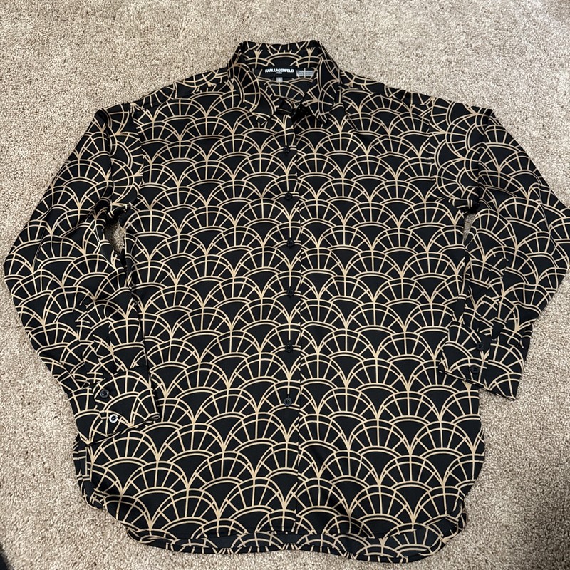 New Karl Lagerfeld Women’s S Button Up Black And Tan Print Top/Blouse MSRP$89