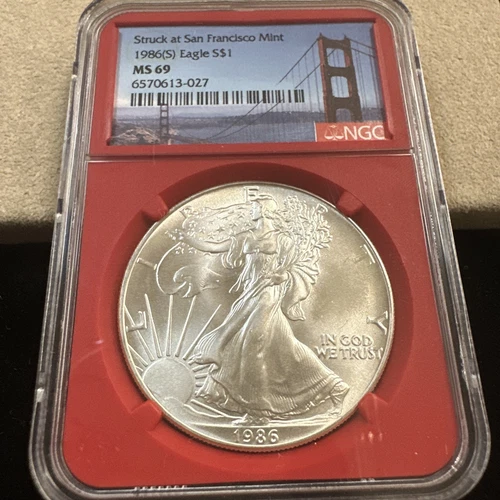 1986 S SILVER EAGLE - NGC MS69 - STRUCK AT SAN FRANCISCO - RED HOLDER- RARE