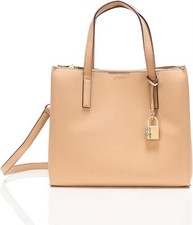 DKNY Beige Pebbled Satchel Top Handle Zip Bag Detachable Strap Lock