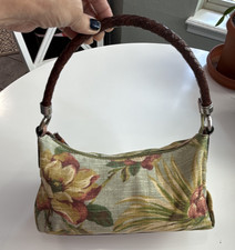 Fossil Floral Zip Top Handle Satchel, Brown Leather Strap, Inner Pockets