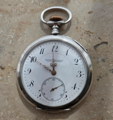 Taschenuhr Alpina Precision Union Horlogere Schlüsselaufzug 0,875 Silber