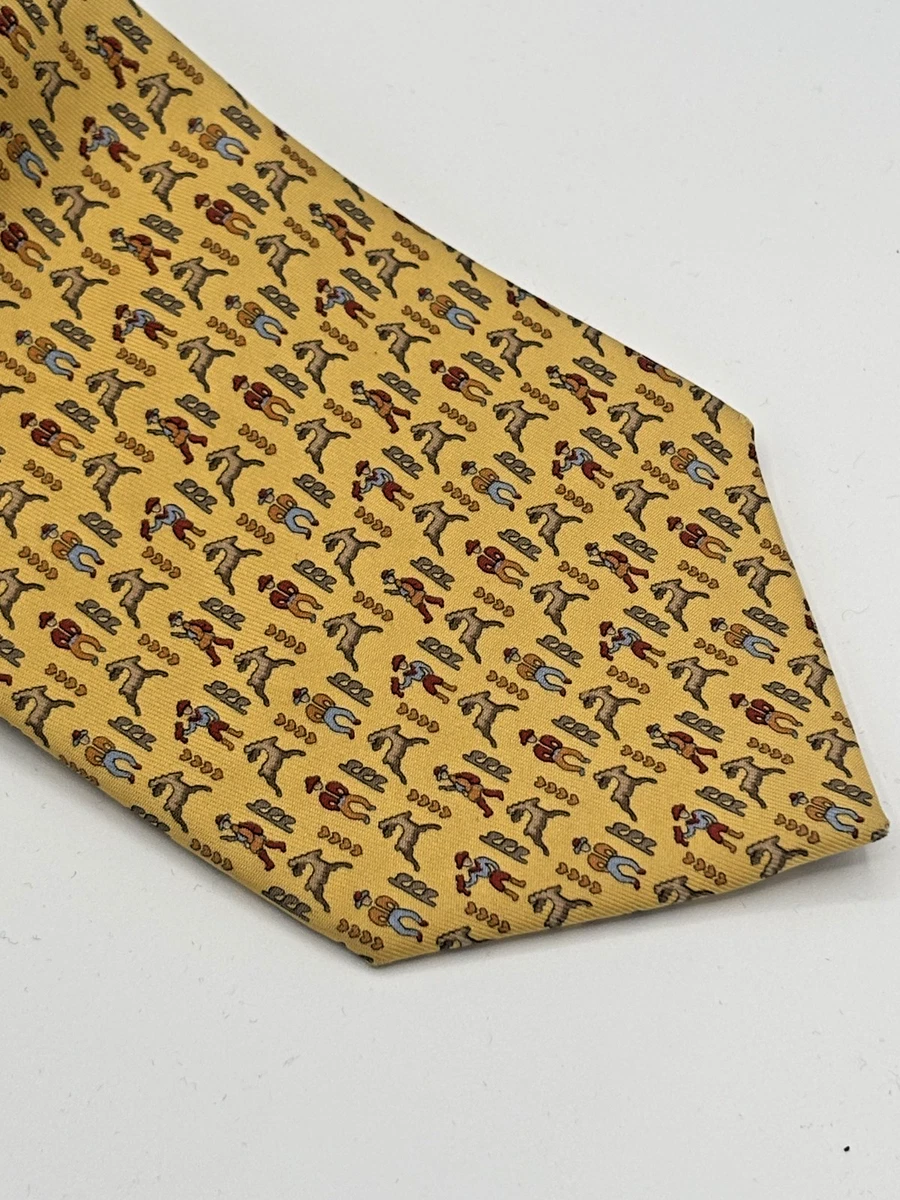 SALVATORE FERRAGAMO Men's 100% Silk Necktie ITALY Luxury Animal Llama Yellow