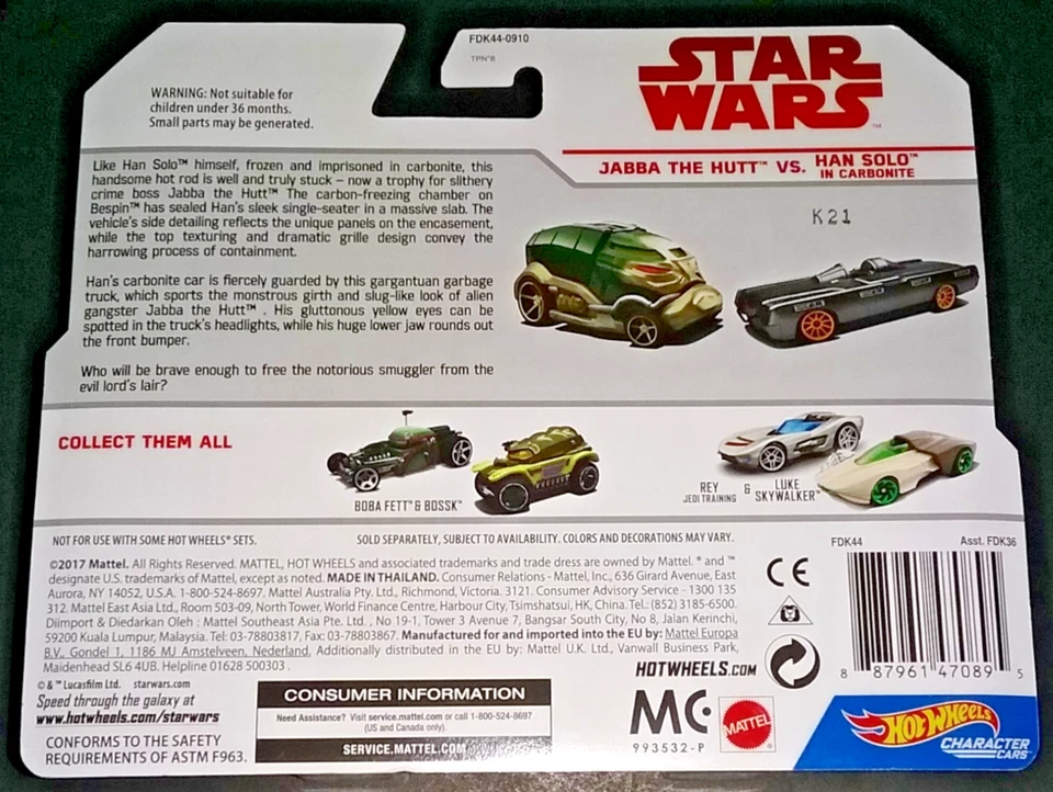 HOT WHEELS STAR WARS CHARACTER CARS: JABBA THE HUTT & HAN CARBONITE + REY & LUKE Foto 4 de 4