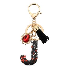 Initial Letter J Keychains, Resin Alphabet Key Ring with Tassel, Black/Red
