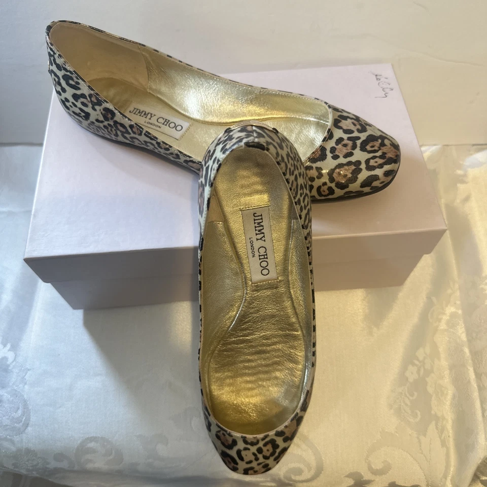 JIMMY CHOO WITTY - RARO Estampado de Leopardo Brillante Patente Planos TALLA - 39 Italia Foto 2 de 4