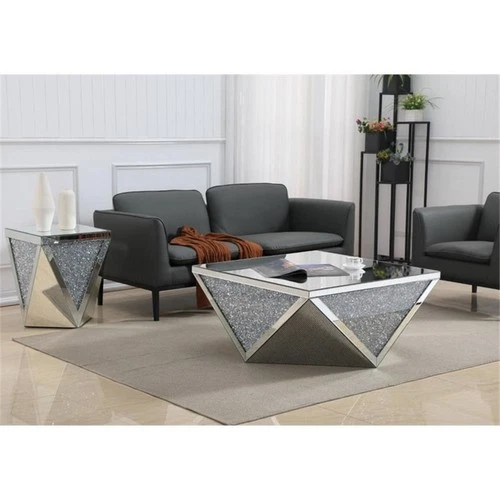 Elegant Decor Modern 38" Square Polygonal Silver Crystal Mirrored Coffee Table - Picture 5 of 5