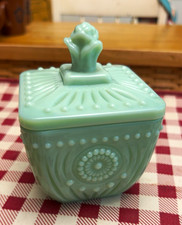 RARE Green Jadeite Glass Square Jar w/ Lift-Off Lid Small 2x3x3 in