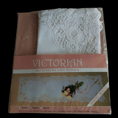 Victorian Battenburg Lace Table Runner 100% Cotton White 16x54'' Handmade