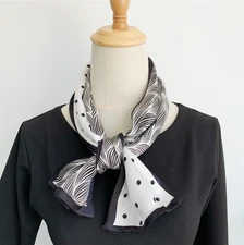 100% Silk Mulberry 150X16cm Scarf Women Neckerchief Wrap Black polka dots Print 