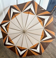 1950 s PK Polan Katz Nylon Umbrella Geometric Browns Carved Wood Handle Vintage