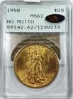1908 $20 ST GAUDENS GOLD DOUBLE EAGLE COIN! PCGS MS62 GOLD CAC NO MOTTO! #VIP160