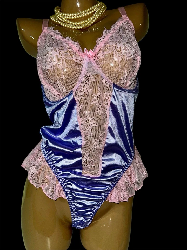 VTG Styl Satin, Frilly Lace, Sheer Back Thong Bodysuit TEDDY PLUS 3XL 3X NEW - Image 2 of 4