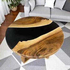 24" Round Black Epoxy Resin Coffee Table Top Handmade Furniture Modern Arts