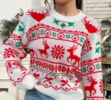 SHEIN Women’s Red White Merry Christmas Sweater  Long Sleeve Top