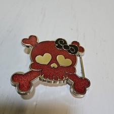 Skull And Crossbones With Bow Belt Buckle Red Black Silver Tone