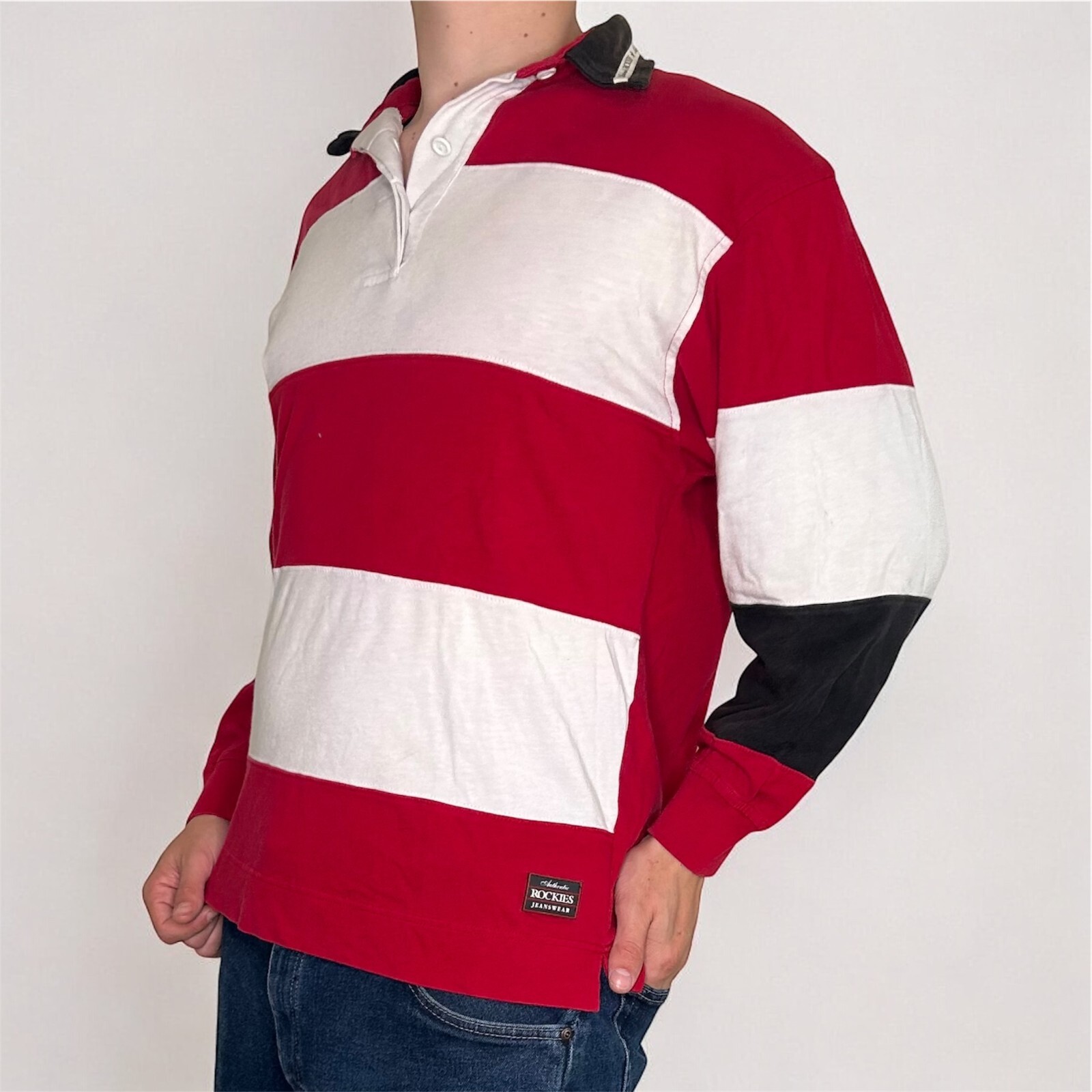 Vintage 90s Rockies Jeanwear Red and White Polo Long Sleeve Dress Shirt