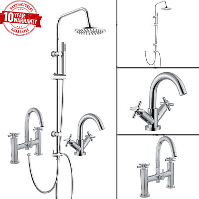 Chrome Bridge Bath Shower Mixer Tap with Basin Tap & 3 Way Round Rigid Riser Kit