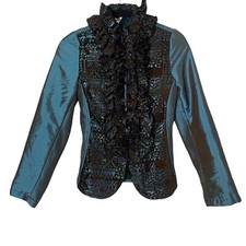 Lindi Xs Shiny Turquoise Duo Chrome With Brown Ruffle Trim Zip Front Jacket