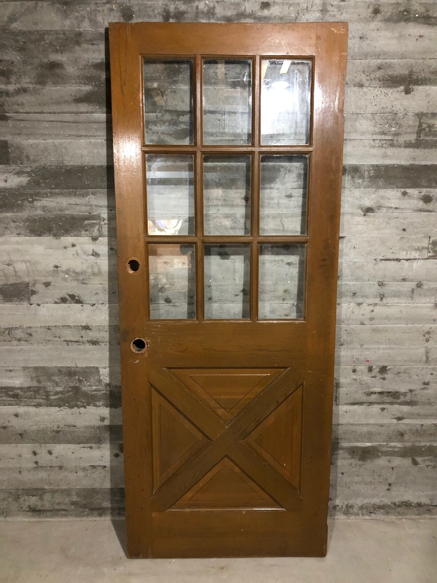 Antique Farmhouse Exterior Wood Entry Stained Door /w Cross Buck