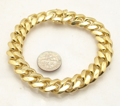 8" Solid Italian Miami Cuban Bracelet Double Lock 14K Yellow Gold Plated Silver - Picture 2 of 6