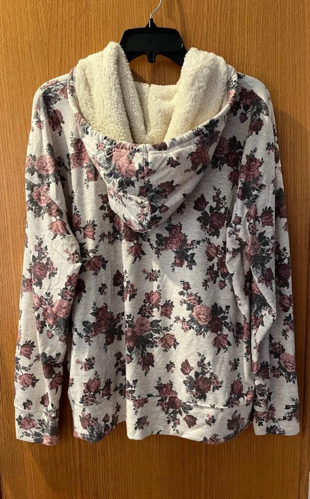 OFF WHITE Felpa Pullover Felpa con Cappuccio Sherpa Floreale NUOVE DIREZIONI Jr. XL Reg. L rosa avorio