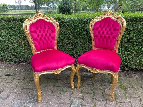 Dining Chairs French Louis XVI Set of 4 Gold Beech Red Fuchsia Velvet Seats - Picture 4 of 8