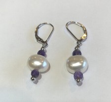 Faux Pearl Dangle Earrings Purple Bead 925 Hooks PRETTY_LG