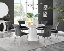 Image of Palma White High Gloss Round Dining Table & 6 Nora Black/Silver Leg Chairs
