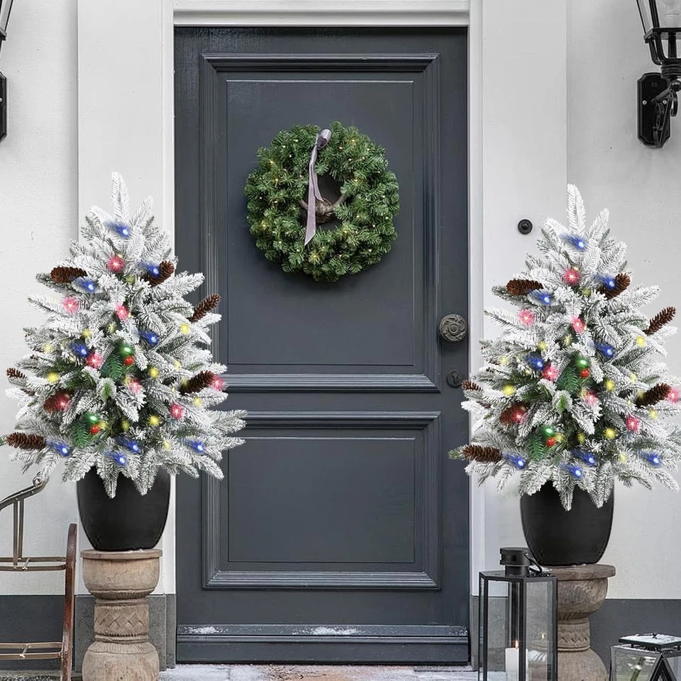 2 Pack 3FT Outdoor Flocked Christmas Tree with 60 Multi-Color Lights,8 Modes.... - Image 2 of 4