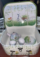 Childs Tin Play Tea Set Cups saucers Plates Tea Pot Serving Tray and case
