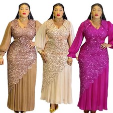 Elegant African Print V Neck Long Sleeve Bodycon Dress Dashiki Gown for Women