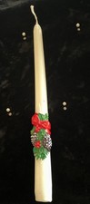 Vtg White Taper Candles Pinecones Greenery Red Bows Holiday Xmas 10"