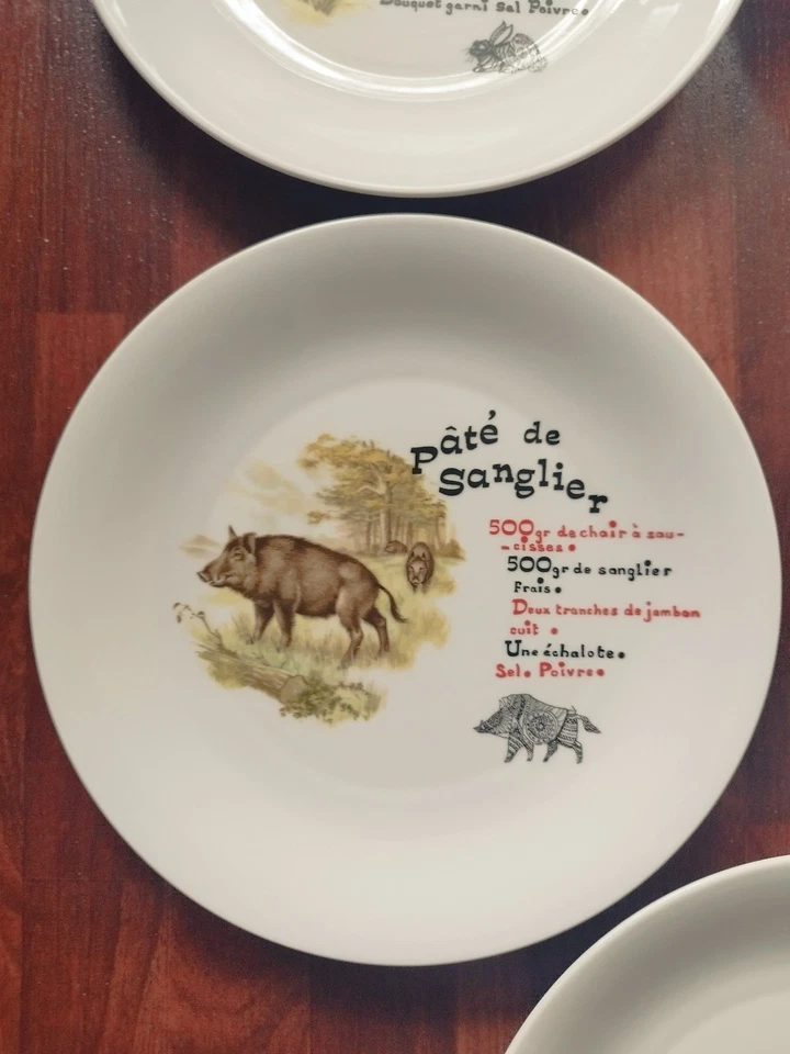 Lot 5 assiettes porcelaine Mehun/Yevre L'HIRONDELLE recettes chasse gibier pâtés - Photo 4/4