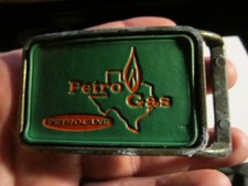 VINTAGE PETROLANE GAS COMPANY BELT BUCKLE METAL WITH LEATHER FACE - GW-14