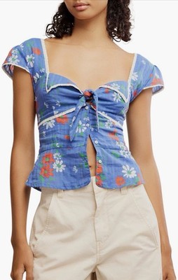 Free People Call Me Baby Blouse Blue Quartz - Daisy Size L Babydoll Coquette Top