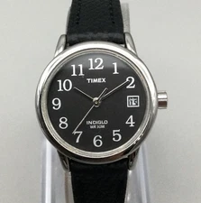 Timex Easy Reader Womens Watch 25mm Black Dial Indiglo Date Leather New Battery