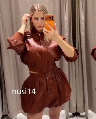 ZARA NEW WOMAN SS26 BRICK FAUX LEATHER SHOULDER PAD BOMBER JACKET 3046/068/701