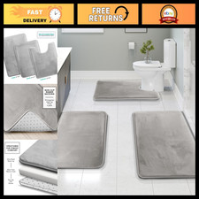3-Piece Velvet Memory Foam Bath Mat Set - Non-Slip, Washable Bathroom Rugs - Sil