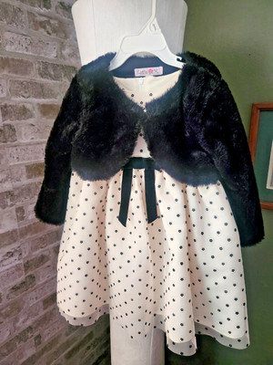 Holiday Dress  3T Girls  Beige & Black Tulle Gown with Faux Fir Jacket- Easter