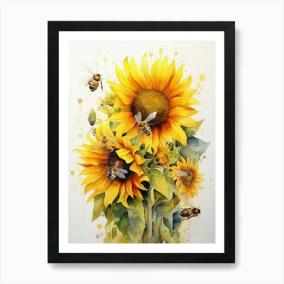 Bienenstock mit Sonnenblume Aquarell gerahmt Wandbild Poster Leinwanddruck Bild