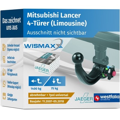 ANHÄNGERKUPPLUNG für Mitsubishi Lancer 07-18 abnehmbar WESTFALIA +7po E-Satz ABE