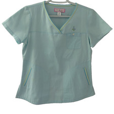 KOI by Kathy Peterson Women's Blue Embroidered Contrast Stripe Scrub Top XS
