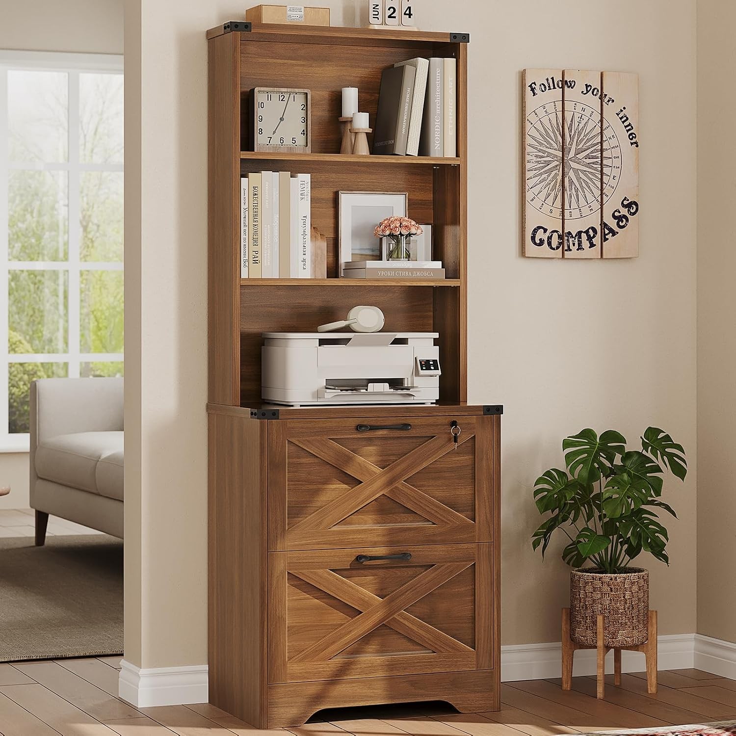 Wood 2 Drawer File Cabinet w Lock Legal Letter A4 Home Office Farmhouse Brown