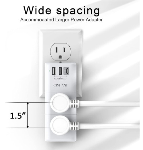 QINLIANF 3-Sided USB Outlet Extender, 6 AC Outlets & 3 USB Ports, Travel