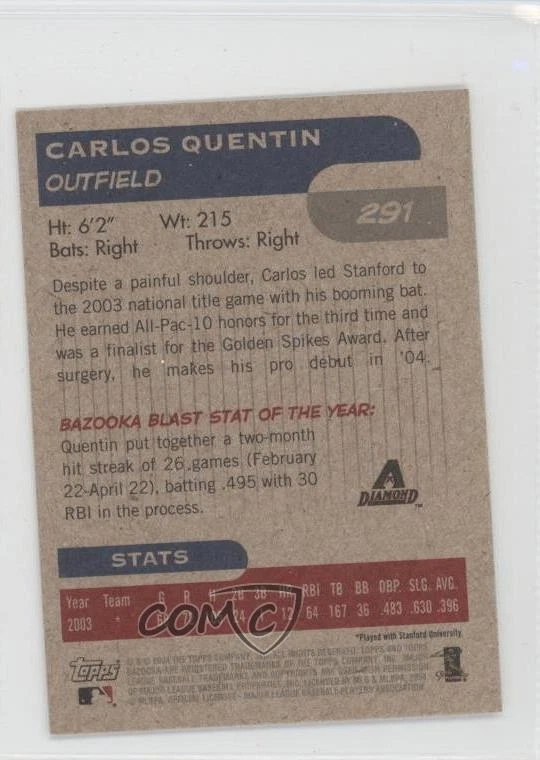 2004 Topps Bazooka Mini Carlos Quentin #291 Rookie RC - Image 2 of 2