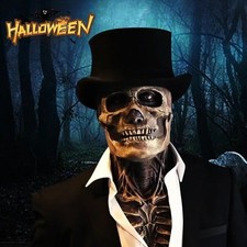 Halloween Full Head Latex Skull Mask Skeleton Movable Scary Party Jaw Brain CGT