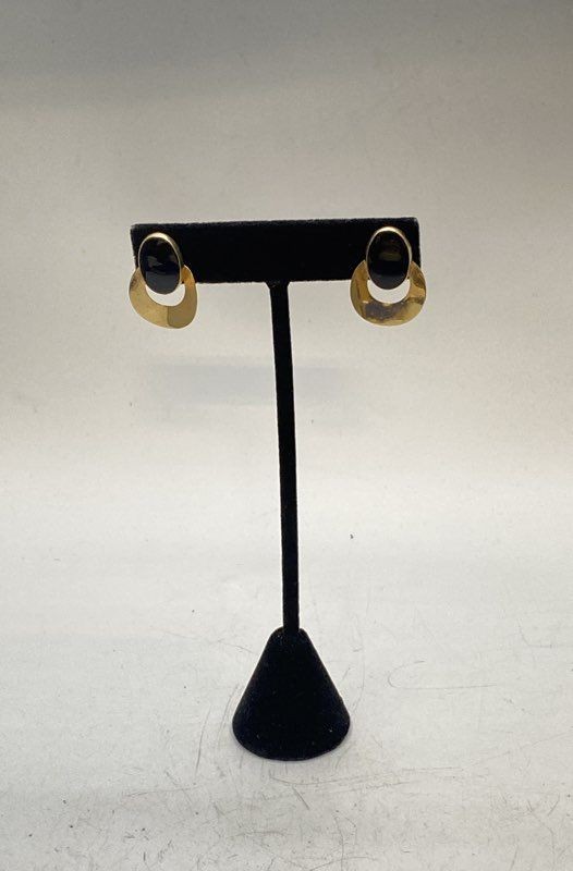 14K Yellow Gold Black Oval Cabochon Geometric Modernist Drop Earrings 3.0g