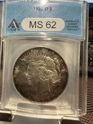 1922 D $1 Peace Dollar ANACS MS62 Toned Handsome coin