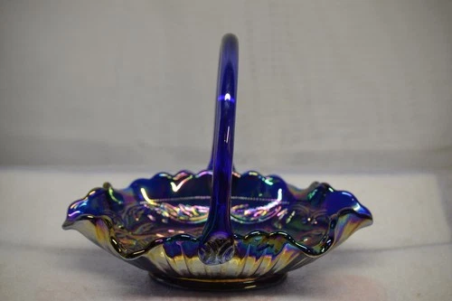 FENTON PURPLE BLUE AMETHYST CARNIVAL GLASS BASKET W/ FLOWERS FENTON ON BOTTOM
